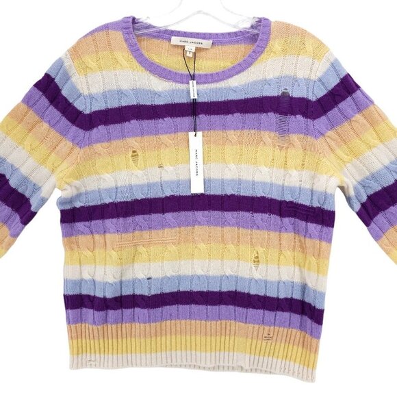 NWT MARC JACOBS 100% Cashmere Cable Knit DISTRESSED Sweater Striped Size LARGE - Picture 2 of 9